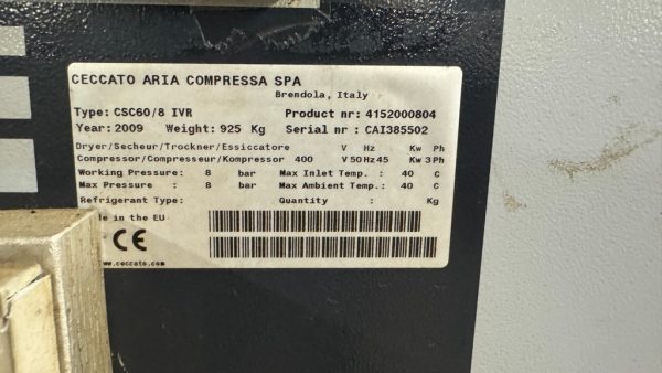 COMPRESSORE ROTATIVO A VITE MARCA CECCATO MODELLO CSC 60/8 IVR, MACCHINA USATA - immagine 4