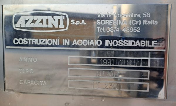 STAINLESS STEEL TANKS, CONICAL BOTTOM FLOATING LID, AZZINI FIRM, LITER CAPACITY 2300 (HL 23), SECOND-HAND EQUIPMENT - Image 2